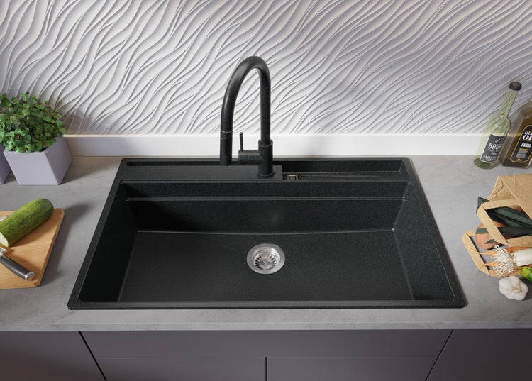 PRIMAGRAN Spülbecken Anthrazit 88x53cm, Granitspüle 1 Becken + Ablauf-Set + Küchenzubehörset, Küchenspüle ab 90er Unterschrank - Oslo Pocket