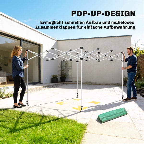 Zwei Personen bauen einen Pop-up Pavillon mit Metallgestell auf einer Terrasse auf. Text weist auf einfachen Auf- und Abbau hin.