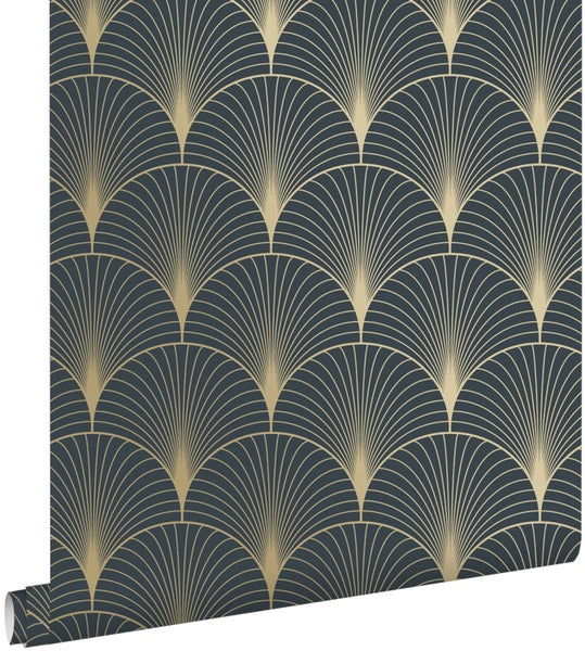 ESTAhome Tapete Art Decó Muster Dunkelblau und Gold - 53 cm x 10.05 m - 139231