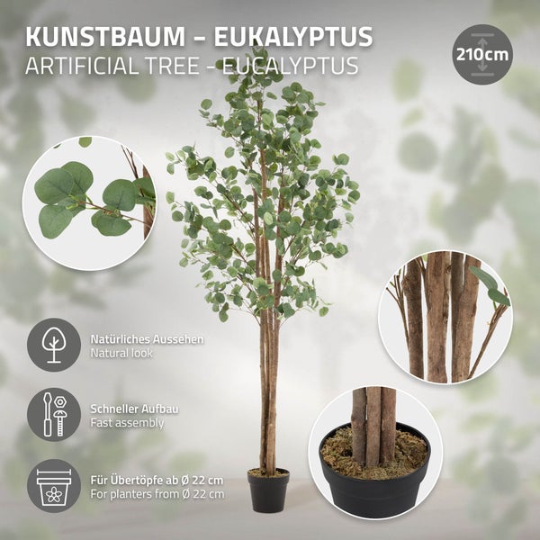 ML-Design Künstliche Eukalyptus 210 cm, Künstliche Pflanzen groß, Kunstpflanze mit Naturholzstamm, Fake Plastikpflanzen im Topf, Deko für Drinnen und Draußen, Kunstbaum wie echt für Wohnzimmer Büro