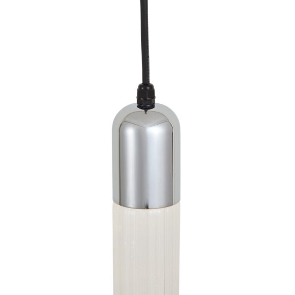 Moderne Hängeleuchte mit zylindrischem Glaskörper und metallischem Deckenelement