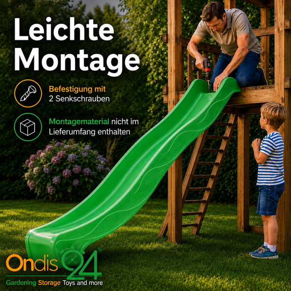 Mann montiert Rutsche an Kletterturm aus Holz, Kind schaut zu. Befestigung mit zwei Senkschrauben. Material nicht enthalten. Ondis 24 Logo.