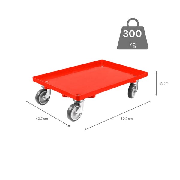 PROREGAL Transportroller für Euroboxen 60 x 40 cm mit Gummiräder Rot Geschlossenes Deck 2 Lenkrollen und 2 Bockrollen Traglast 300 kg