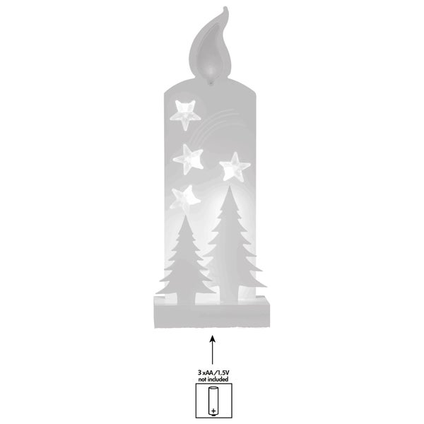 Dekorative Kerze mit Sternen und Tannenbaum Motiven, benötigt drei AA Batterien