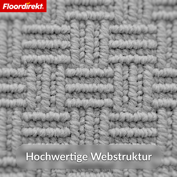 Floordirekt Logo. Nahaufnahme einer hochwertigen Webstruktur eines Bodenbelags mit gewebtem Muster.