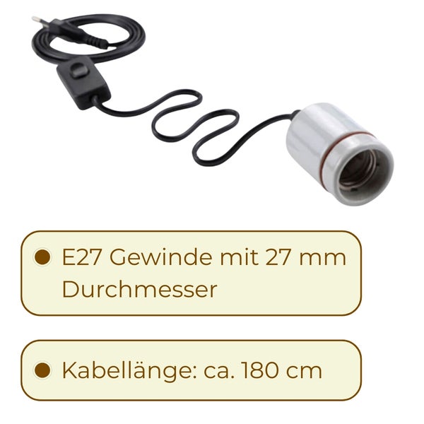 Graue E27-Keramikfassung mit circa 180 Zentimeter langem schwarzem Kabel, Stecker und Schalter. Das Gewinde hat einen Durchmesser von 27 Millimeter.