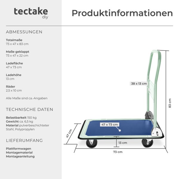Produktinformationen zu Tectake Plattformwagen mit Maßen und technischen Daten