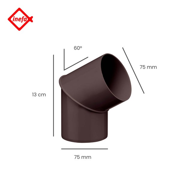 Inefa Logo. Brauner Kunststoff-Rohrbogen für Regenfallrohre, 60 Grad Winkel, Durchmesser 75 Millimeter, Höhe 13 Zentimeter.