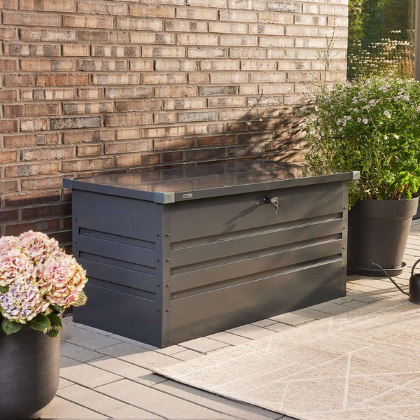 Home Deluxe - Metallaufbewahrungsbox - MEGABOX XXL, Anthrazit - 600 L Fassungsvermögen, Maße: 158 x 64 x 62 cm, verzinktes Stahlblech, wasserdicht I Aufbewahrungsbox mit Deckel Gartenbox Auflagenbox