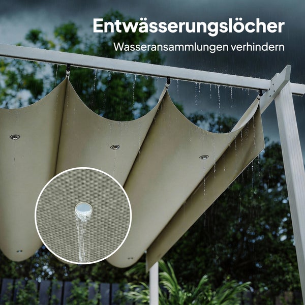 Pergola-Sonnensegel mit Entwässerungslöchern zur Vermeidung von Wasseransammlungen bei Regen.