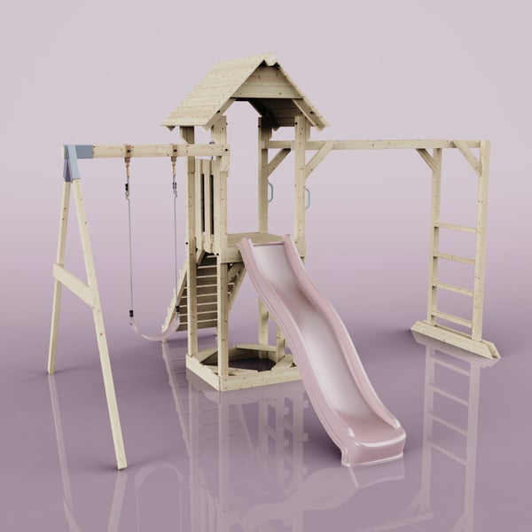 Spielturm mit Rutsche, Schaukel und Klettergerüst aus Holz