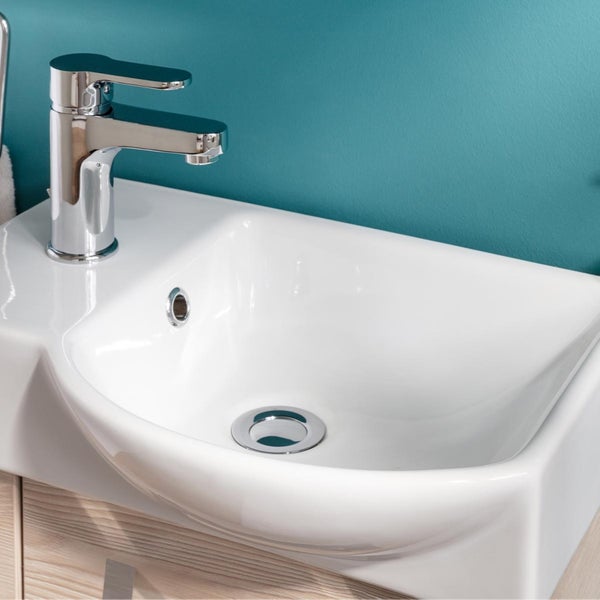 Fackelmann B.CLEVER Gäste-WC Set 2 Teile – Waschtischunterschrank in Holz Braun mit Waschbecken aus Keramik – SBC Waschbeckenunterschrank schmal – Türanschlag rechts – Hahnloch links – 45 cm breit