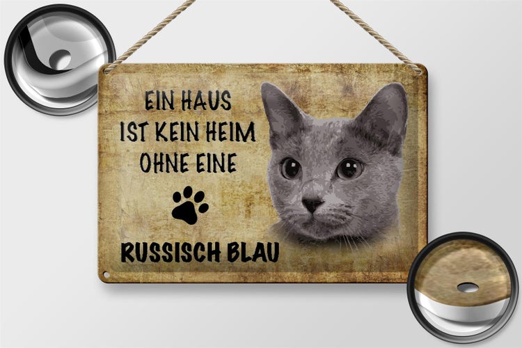 Blechschild Spruch 30x20cm russisch blau Katze ohne kein Heim