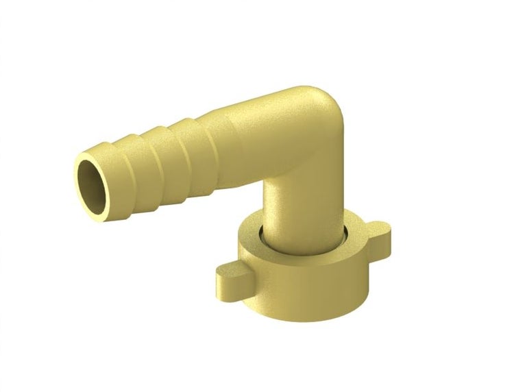 Winkel-Schlauchtülle aus Kunststoff mit Überwurfmutter und geripptem Stutzen.