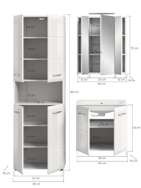 Maßzeichnung eines Badezimmermöbel-Sets mit Hochschrank, Spiegelschrank und Waschbeckenunterschrank inklusive aller Maße in Zentimeter.
