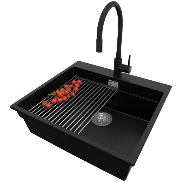 PRIMAGRAN Granitspüle Schwarz 58x53cm, Spülbecken 1 Becken + Küchenarmatur 40x38cm + Ablauf-Set + Aufrollbare Abtropffläche, Küchenspüle ab 60er Unterschrank - Oslo Max