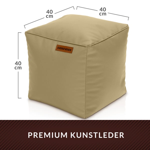 Würfelförmiger Sitzhocker aus Kunstleder mit den Maßen 40 x 40 x 40 cm und Green Bean Logo