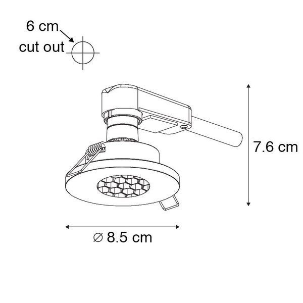 Maßzeichnung für einen Einbaustrahler mit 8,5 Zentimeter Durchmesser, 7,6 Zentimeter Höhe und 6 Zentimeter Ausschnittmaß.
