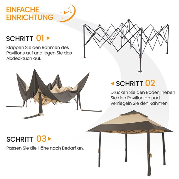 Anleitung zum Aufbau eines Pavillons in drei Schritten: Rahmen aufklappen, Pavillon anheben und Rahmen verriegeln, Höhe anpassen.