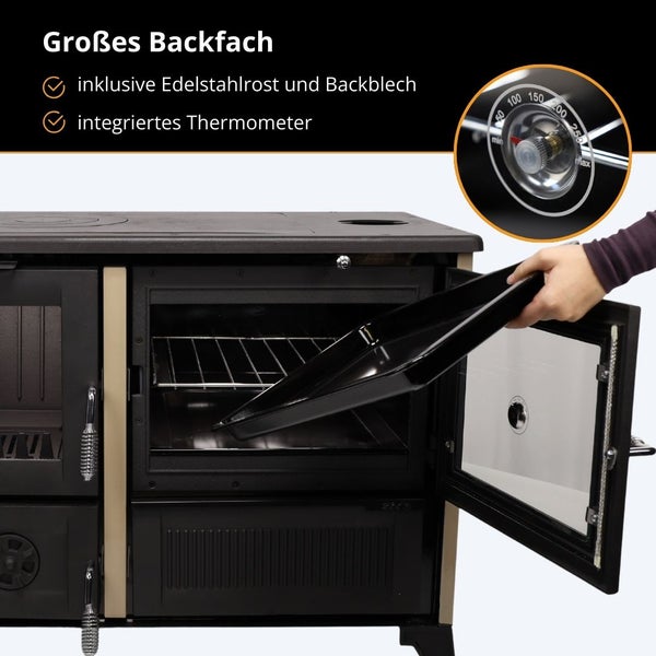 Küchenofen mit offenem Backfach, Backblech, Edelstahlrost und integriertem Thermometer.