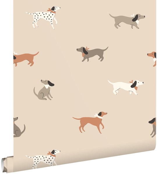 Kinderzimmer mit Etagenbett im Hausdesign und Tapete mit Hundemotiv