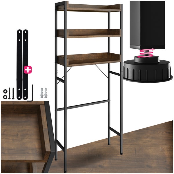 Toilettenregal aus schwarzem Metall mit drei dunkelbraunen Holzböden, höhenverstellbaren Füßen und Wandbefestigungsset inklusive Schrauben.