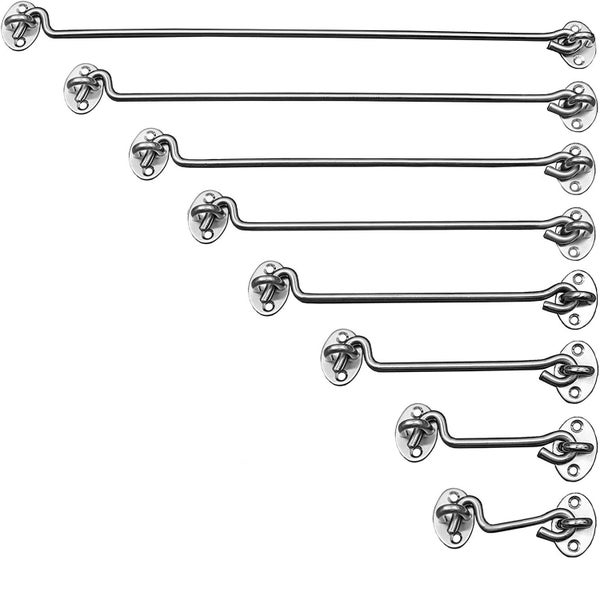 Verschiedene Groessen von Tuerhaken aus Metall zur Tuerfixierung.