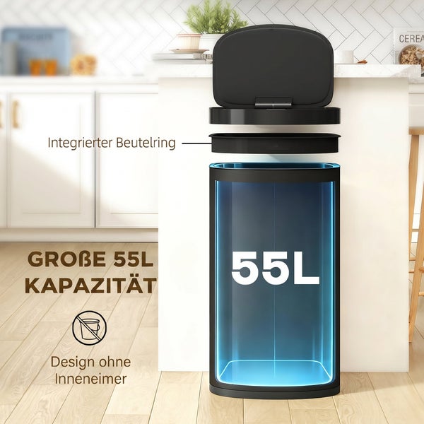 Abfalleimer mit 55 Liter Fassungsvermögen, integriertem Beutelring und Design ohne Inneneimer zur effizienten Müllentsorgung in der Küche.