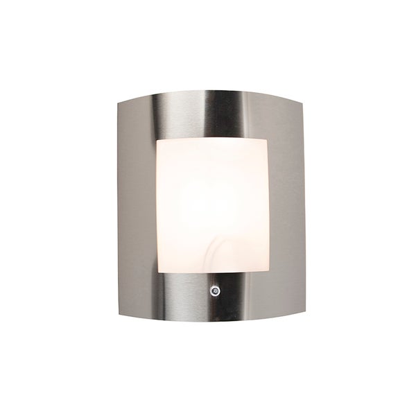 Moderne Außenwandleuchte aus gebürstetem Edelstahl mit Bewegungsmelder und quadratischer Lichtfläche.