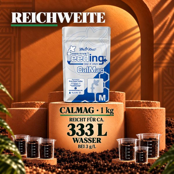 Ein Kilogramm Green House Feeding CalMag Additiv für bis zu 333 Liter Wasser, präsentiert auf einem zylindrischen Podest mit Messbechern.