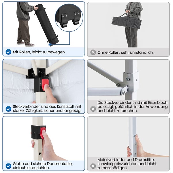 Details eines Faltpavillons, der seine Handhabung, Materialien und die einfache Montage hervorhebt
