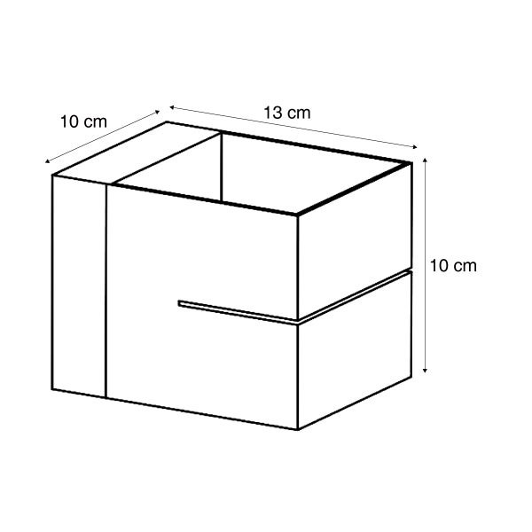 Technische Zeichnung einer Box mit den Abmessungen 13 Zentimeter Länge, 10 Zentimeter Breite und 10 Zentimeter Höhe.