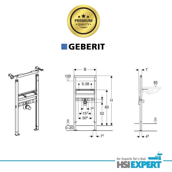 Geberit Installationssystem mit Maßen und Premium Qualität Siegel