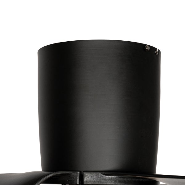 Schwarzes Motorgehäuse eines Deckenventilators mit Befestigungsschrauben.