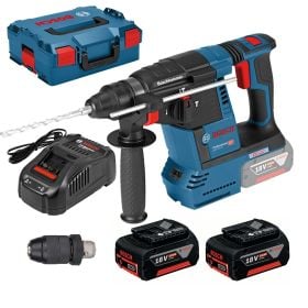 Bosch Professional Akku Bohrhammer GBH 18V-26 mit zwei 18 Volt Akkus, Ladegerät, Schnellspannbohrfutter und Transportkoffer