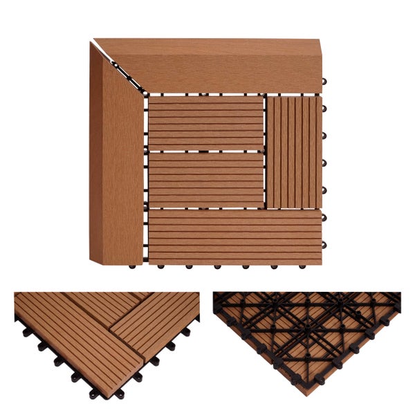 WPC Klickfliese Set mit Eck- und Randstück in Holzoptik, geriffelte Oberfläche und Unterkonstruktion aus Kunststoff.