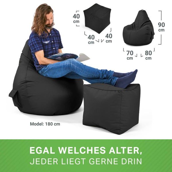 Green Bean 2er Set Sitzsack + Hocker - fertig befüllt - robust waschbar schmutzabweisend - Kinder & Erwachsene Bean Bag Bodenkissen Lounge Sitzhocker Relax-Sessel Gamer Gamingstuhl Pouf - Schwarz