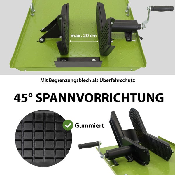 45 Grad Spannvorrichtung mit Gummierung und Begrenzungsblech als Überfahrschutz, maximale Spannweite 20 Zentimeter