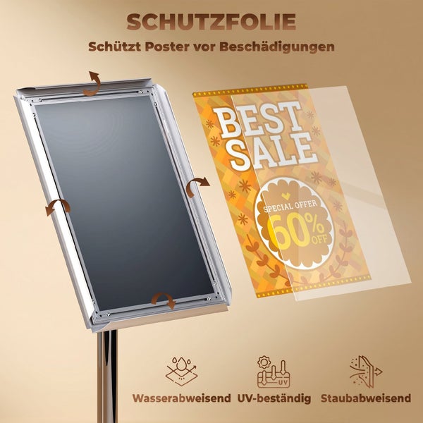 Klapprahmen mit Schutzfolie für Plakate, wasserabweisend, UV-beständig und staubabweisend.