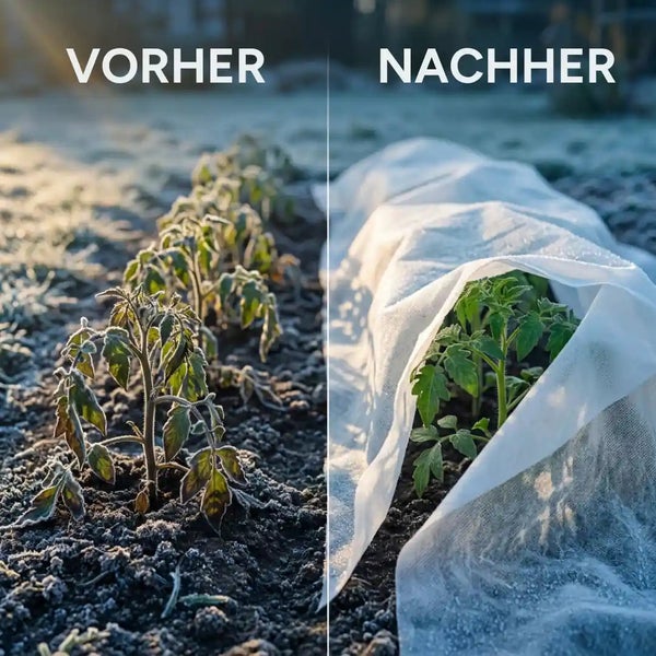 Vergleichsbild eines Tomatenbeets vor und nach dem Schutz durch ein Pflanzenvlies gegen Frost im Garten.