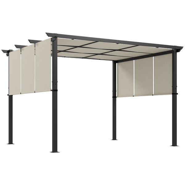 Pergola mit schwarzem Metallgestell, beigefarbenem Stoffdach und seitlichen Sichtschutz-Stoffbahnen.