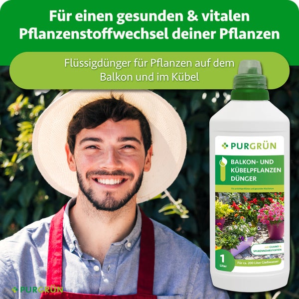 Purgrün Balkon und Kübelpflanzen Dünger Flüssigdünger für Pflanzen mit Guano und Spurennährstoffen in 1 Liter Flasche.