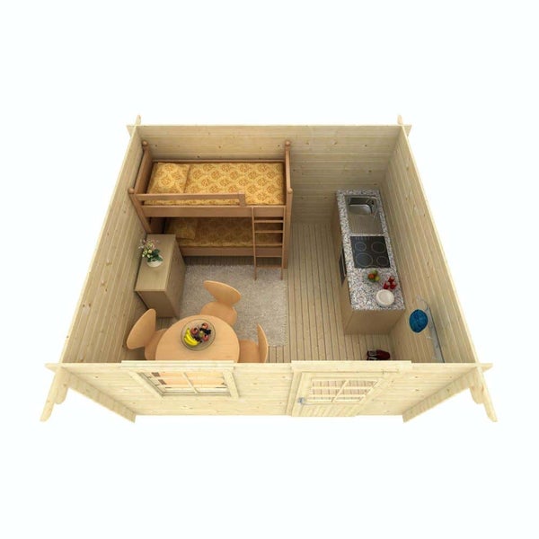 Innenansicht eines organisierten Gartenhauses aus Holz mit Etagenbett, einer Küchenzeile mit Spüle und Herd sowie einem Essbereich mit Tisch.