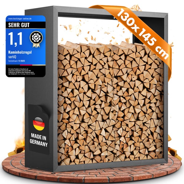 Kaminholzregal mit Holzscheiten, Auszeichnung sehr gut und Made in Germany Siegel