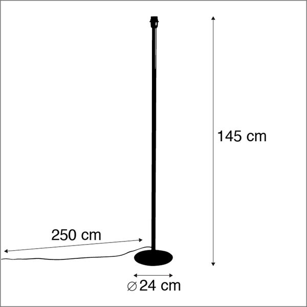 Abbildung einer Stehlampe mit den Maßen 145 cm Höhe, 24 cm Durchmesser des Lampenfußes und 250 cm Kabellänge.