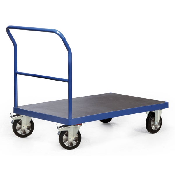 Blauer Plattformwagen mit Griff und vier Rädern