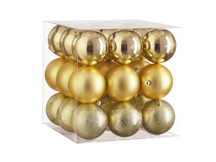 Set mit Christbaumkugeln in verschiedenen Oberflächenstrukturen in einer transparenten Kunststoffverpackung