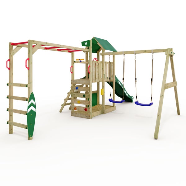 WICKEY Spielturm Klettergerüst Smart Baboon mit Schaukel und Rutsche, Kletterturm mit Sandkasten, Hangelleiter und Spiel-Zubehör - grün