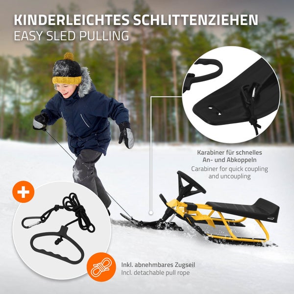 Hauki Lenkschlitten in Gelb, Kinderschlitten Rodel ab 5 Jahre, Skibob für Kinder und Erwachsene bis 90 kg, Schlitten mit Lenkrad, Fußbremse, Zugseil, Sitz mit Rückenlehne, Stahlrahmen, 119x38x50 cm