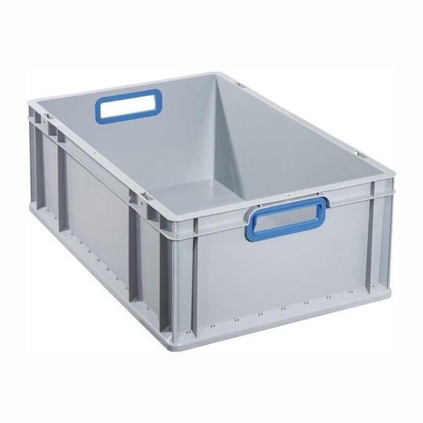 Eurobox aus Kunststoff, stapelbar, mit blauen Griffmulden.